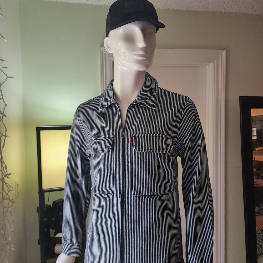 Levis Hickory Stripe Zip Up Workwear Jacket Blue White Denim Mens Medium @27